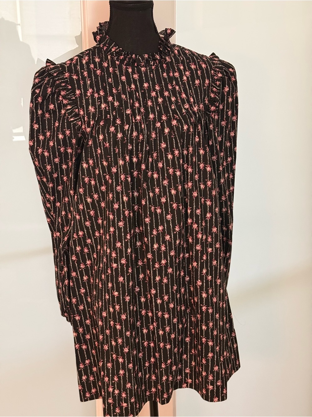 Black Floral Ruffled Neck Long Sleeve Mini Dress